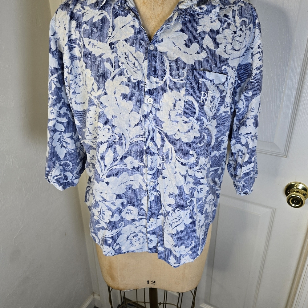 Floral Blue White Lauren Ralph Lauren Button Front Womens Shirt L - Picture 2 of 11
